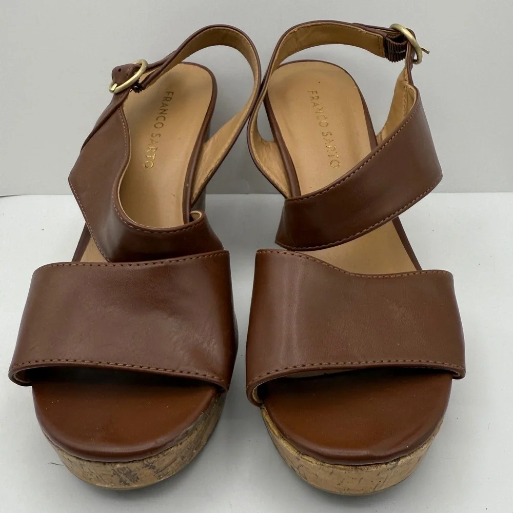 Franco Sarto Women's Size 8.5M Brown Leather Cork Wedge Sandals Casual